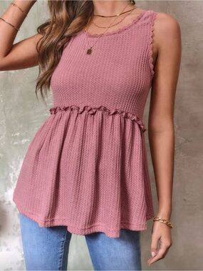 SHEIN Dusty Rose Waffle Knit Peplum Tank with Lace Trim oversize